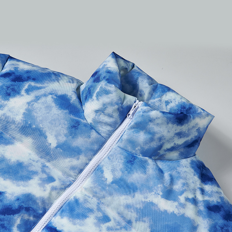 Tie-Dye Stand Collar Puffer Jacket – Unisex Winter Coat With Color-Blocked Design (Blue/Brown)_voghion.com