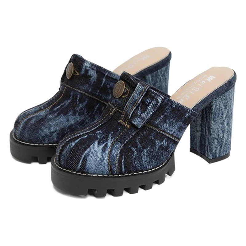 Трансграничные европейские и американские джинсовые сандалии Amazon Denim Wash Baotou на высоком каблуке, женская обувь, 2023, новые тапочки на толстом каблуке