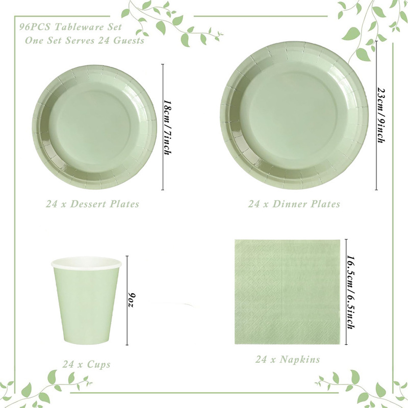Solid Color Series Sage Green Round Paper Plates, Paper Napkins, Paper Cups, Disposable Plastic Knives, Forks, and Spoons Tableware Supplies