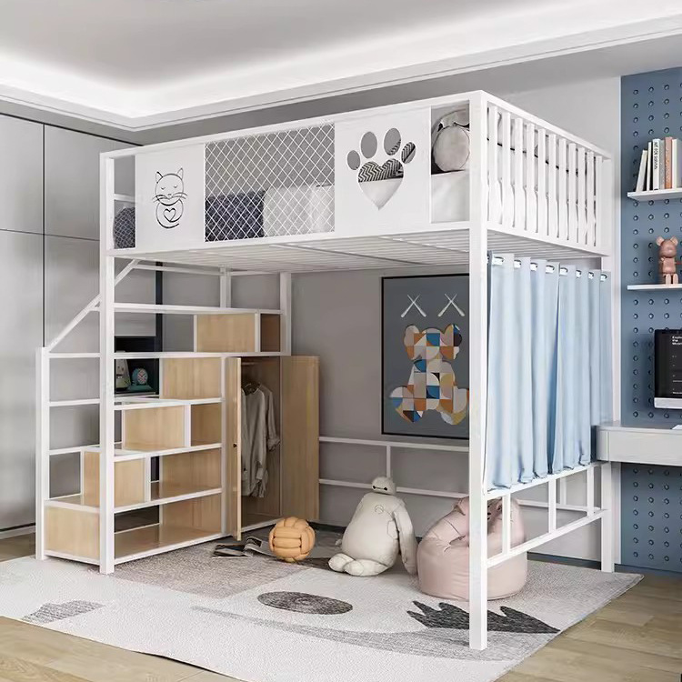 Loft Duplex Iron Frame Bed with Double Bed, Iron Ladder Cabinet, High Bed, Modern Apartment with Upper Bed and Lower Table to Save Space
