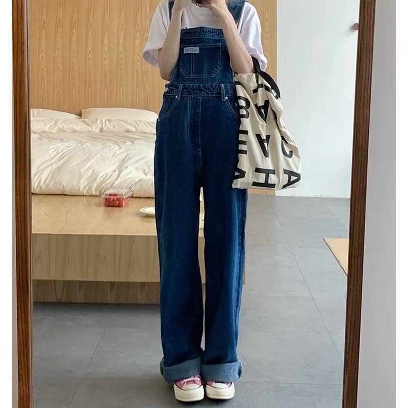 Women's Denim Overalls 2024 Spring/Autumn New Style High Waist Loose Straight Leg Pants Slimming Denim Overalls Wide Leg Pants