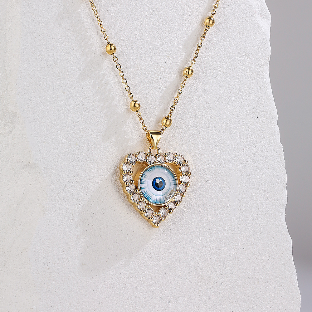 Fashion Heart Shape Eye Copper Inlay Zircon Pendant Necklace 1 Piece