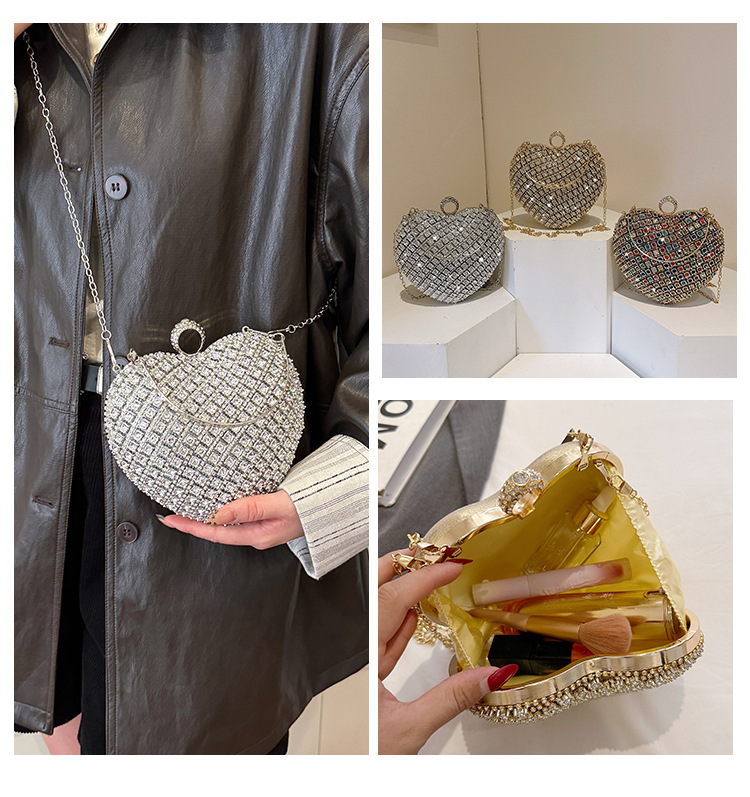 Plata Colores Oro Metal Forma De Corazón Diamante De Imitación En Forma De Corazon Bolsos De Noche display picture 3