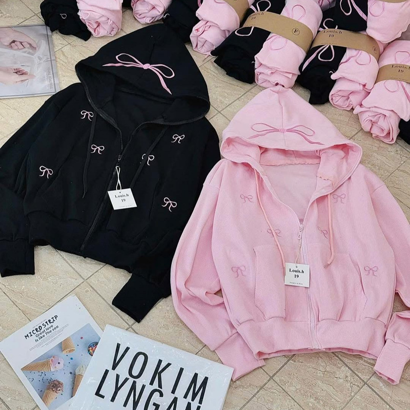 Pink Loose Hooded Sweatshirt Jacket for Women Early Autumn Slim Cardigan Petite Cute Embroidered Autum Zipper Top