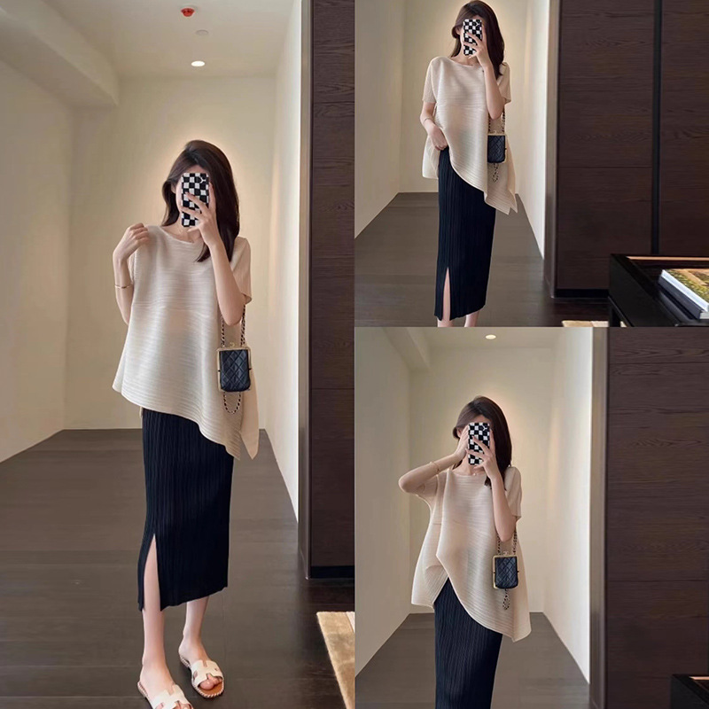 Miyake 2024 New Elegant Lady Pure Color Wide and Comfortable Slanted Top Hip-Covering Skirt Summer Wear for Women