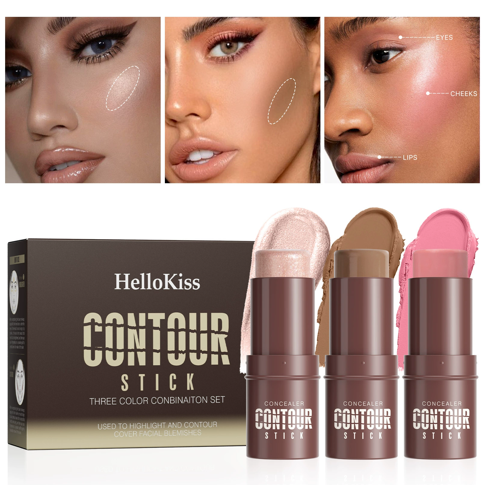 Набор из трех предметов для макияжа HelloKiss Stereo Contour, натуральный осветляющий водостойкий и устойчивый к поту румянец-хайлайтер-стик