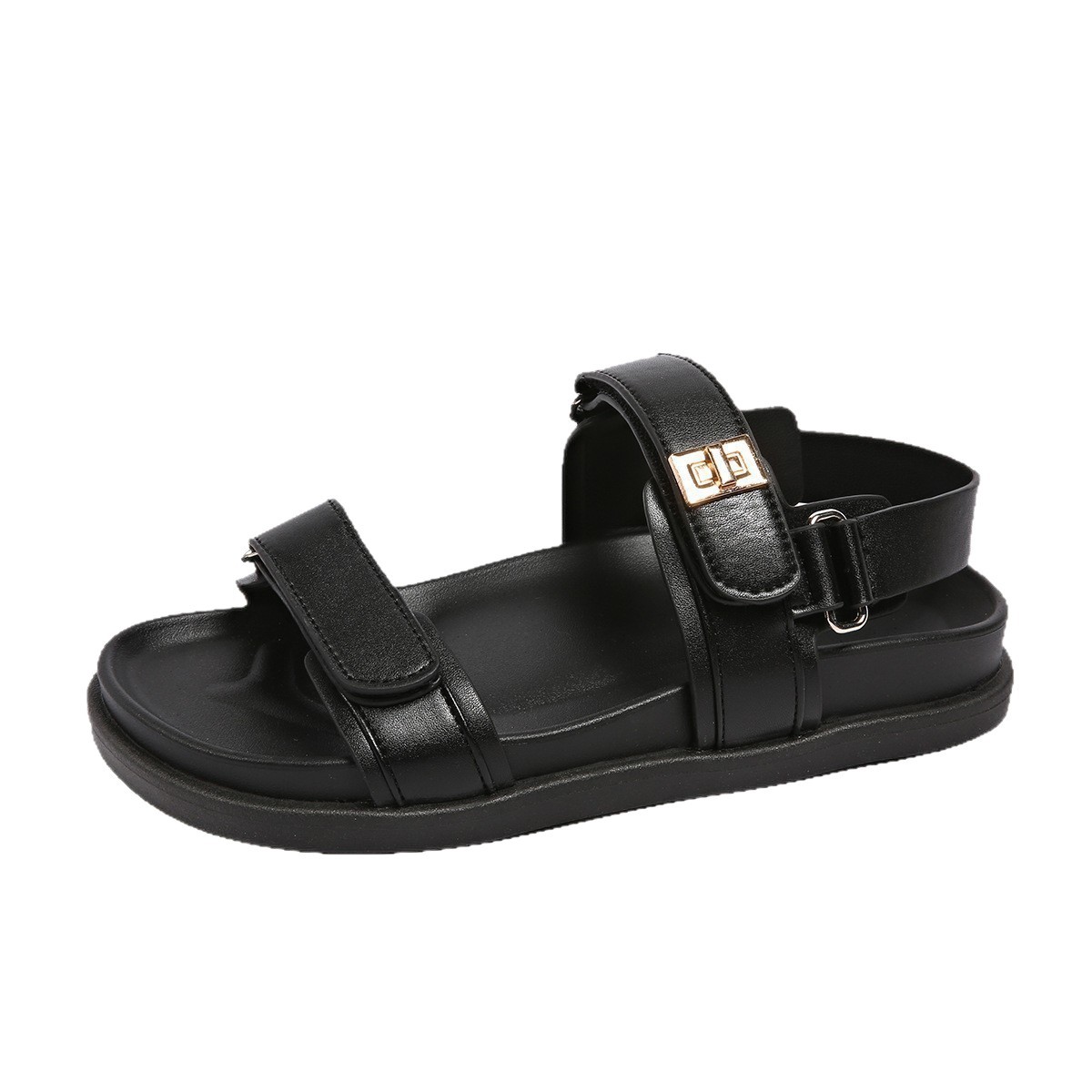 Sandali estivi piatti da donna taglie forti con doppia chiusura in velcro, suola morbida, in morbida pelle, scarpe casual e comode_voghion.com