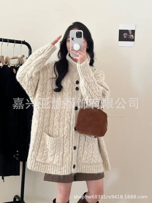 爆款粗线加厚毛衣外套宽松慵懒风麻花上衣针织开衫女可加狐狸毛毛|undefined