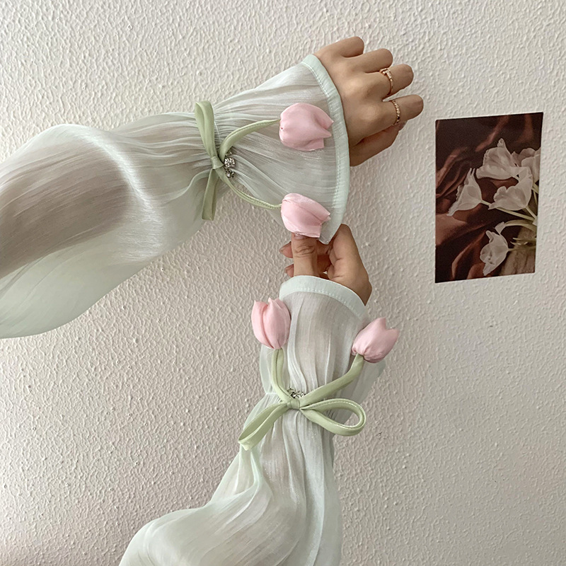 Mangas de hielo, mangas de seda de hielo, verano femenino, nuevo estilo, lazo, flores grandes, mangas de mano sueltas, protectores de brazos, mangas de protección solar para conducir