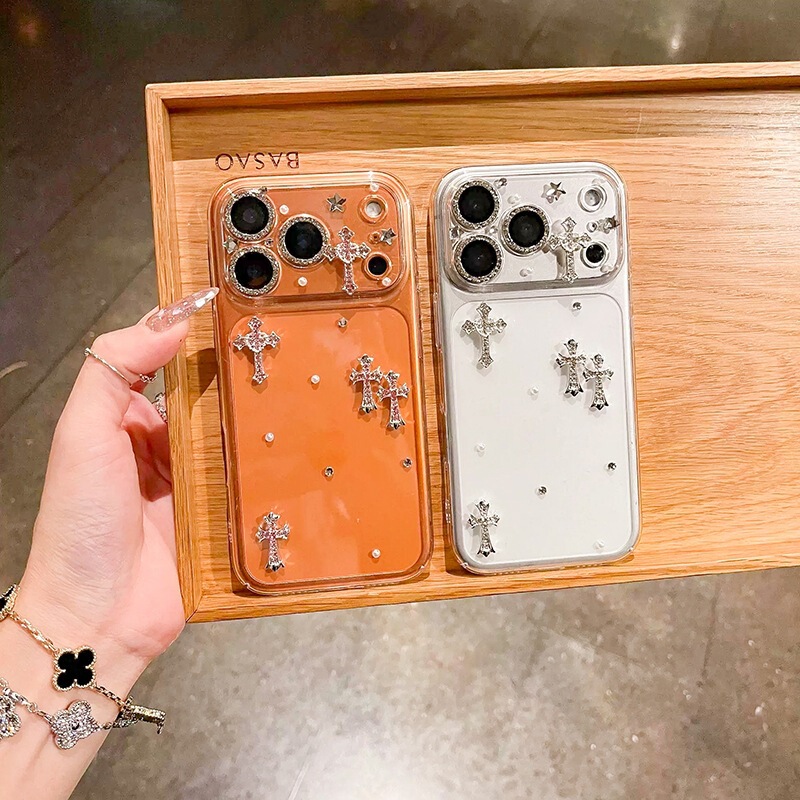 Rhinestone Cross Pearl Phone Case Suitable for iPhone 17Pro Transparent Apple 18 Simple 15Plus Light Luxury Rhinestone Cross Pearl Phone Case Suitable for iPhone 17Pro Transparent Apple 18 Simple 15Plus Light Luxury