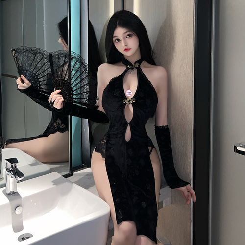 Sexy lingerie, classical high-slit cheongsam, tempting retro deep V breast leakage, Republic of China style pajama suit, uniform polyester