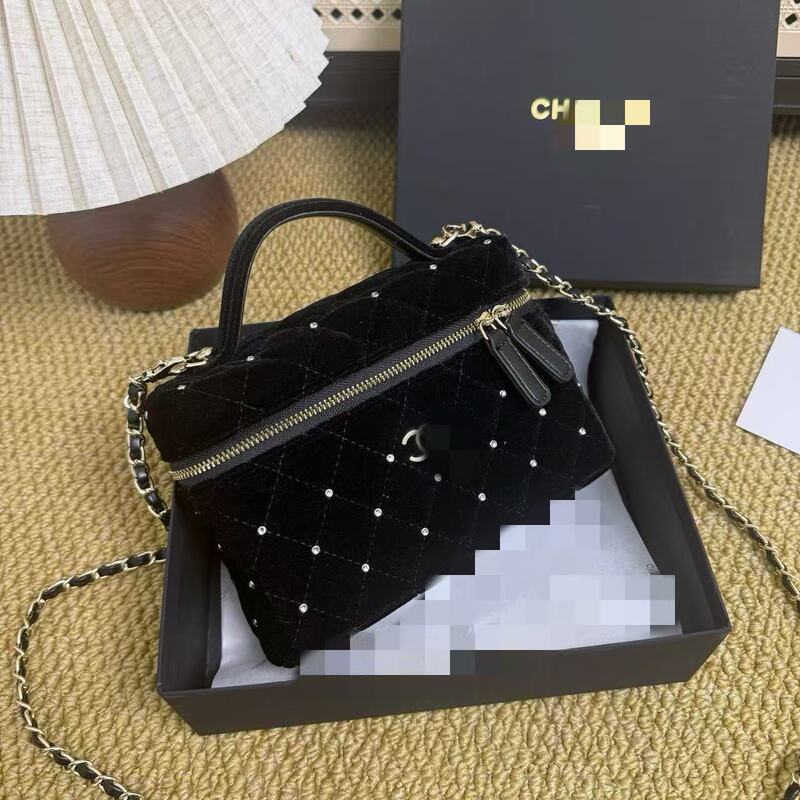 New Chanel-Style Autumn and Winter Velvet Rhinestone Lp Box Lunchbox Makeup Bag Quilted Chain Shoulder Crossbody Bag