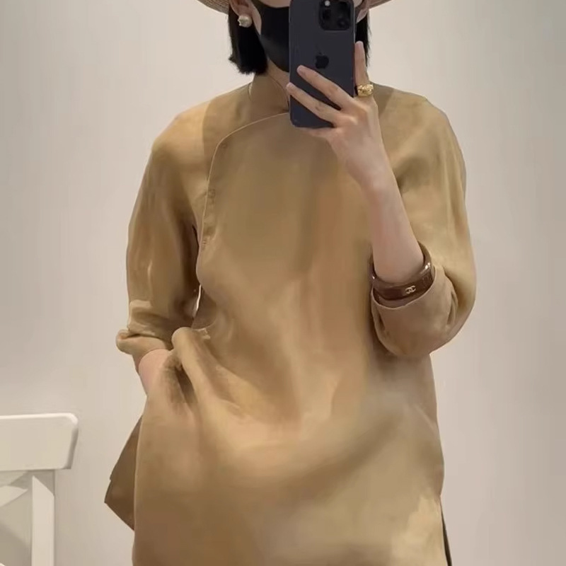 khaki Tencel Beautiful Shirt Organza Loose New Chinese Style Light Country Style Top Retro Light Mature Style Shirt for Women