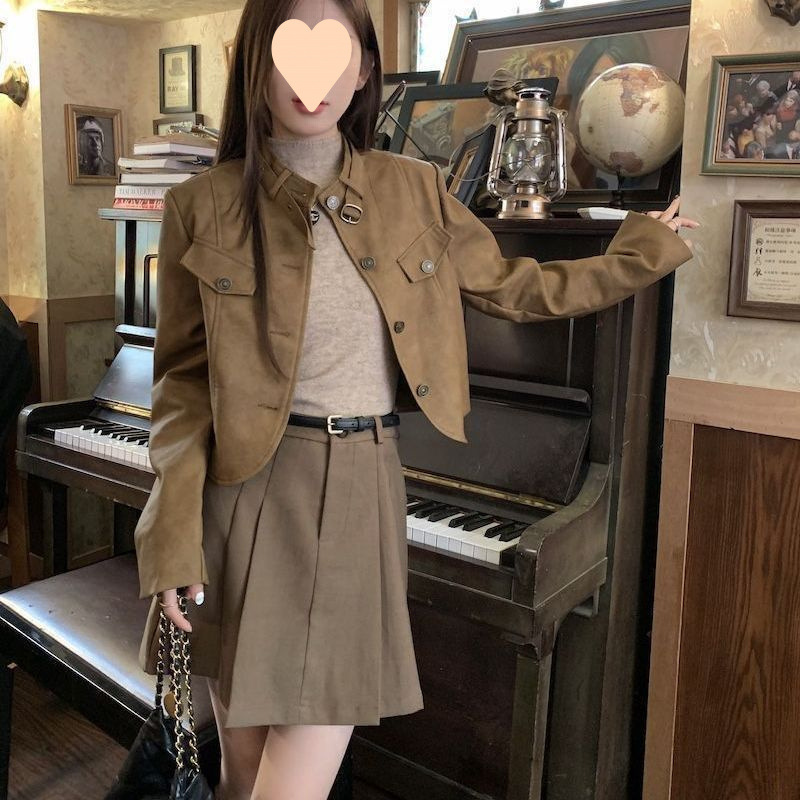 美拉德咖色复古皮衣春秋小个子美式夹克上衣外套百褶短裙两件套女|undefined