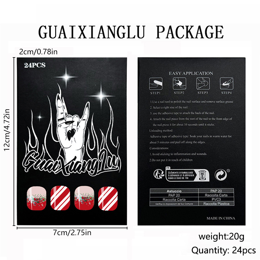 Short Gloose Square Armor 2024 New Christmas Red with Green Gradient Stripe Detachable Wear Nail Patch 24 Pieces_voghion.com