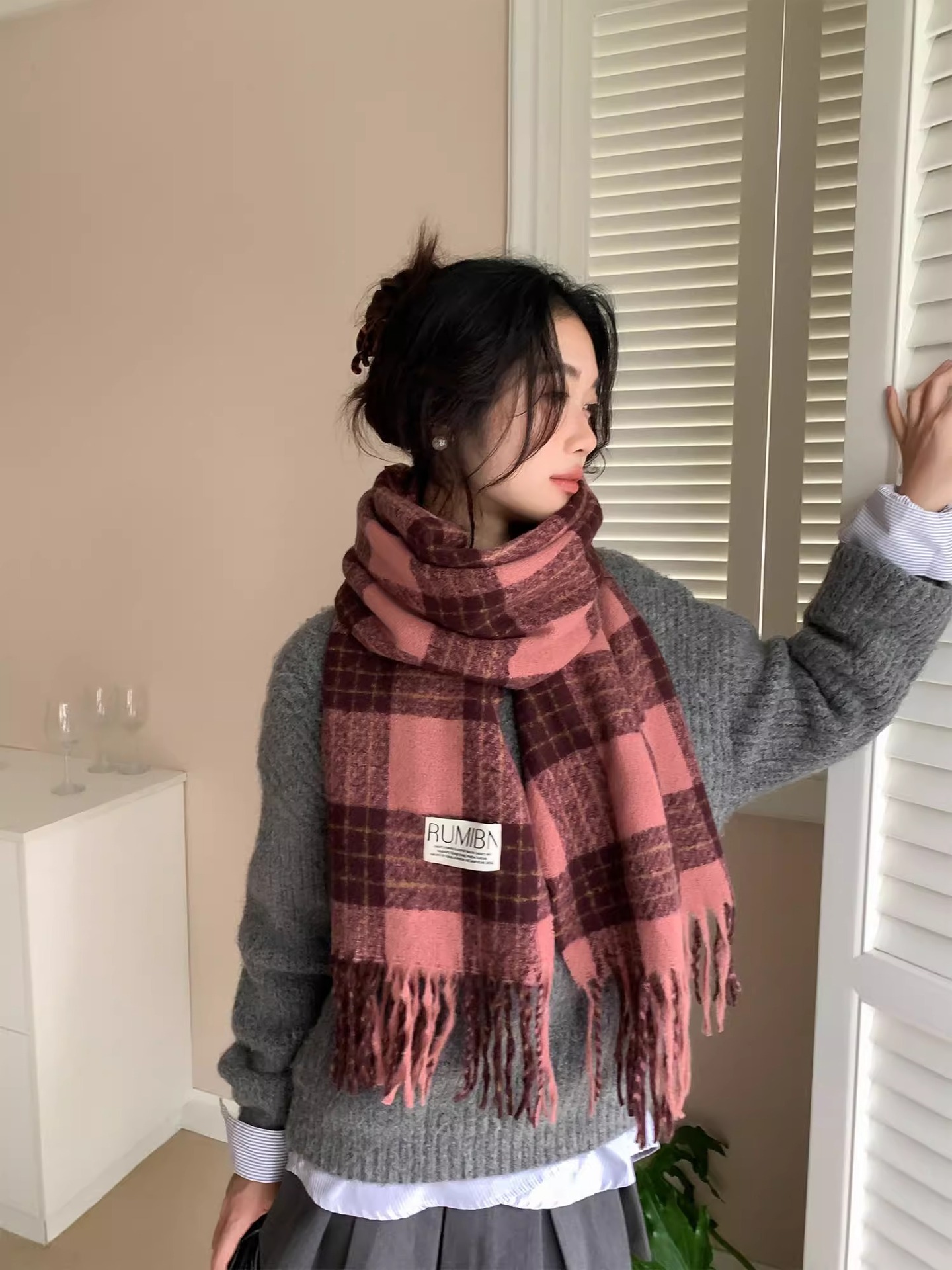 Red Checkered Scarf For Women Warm Winter Autumn Accessory_voghion.com