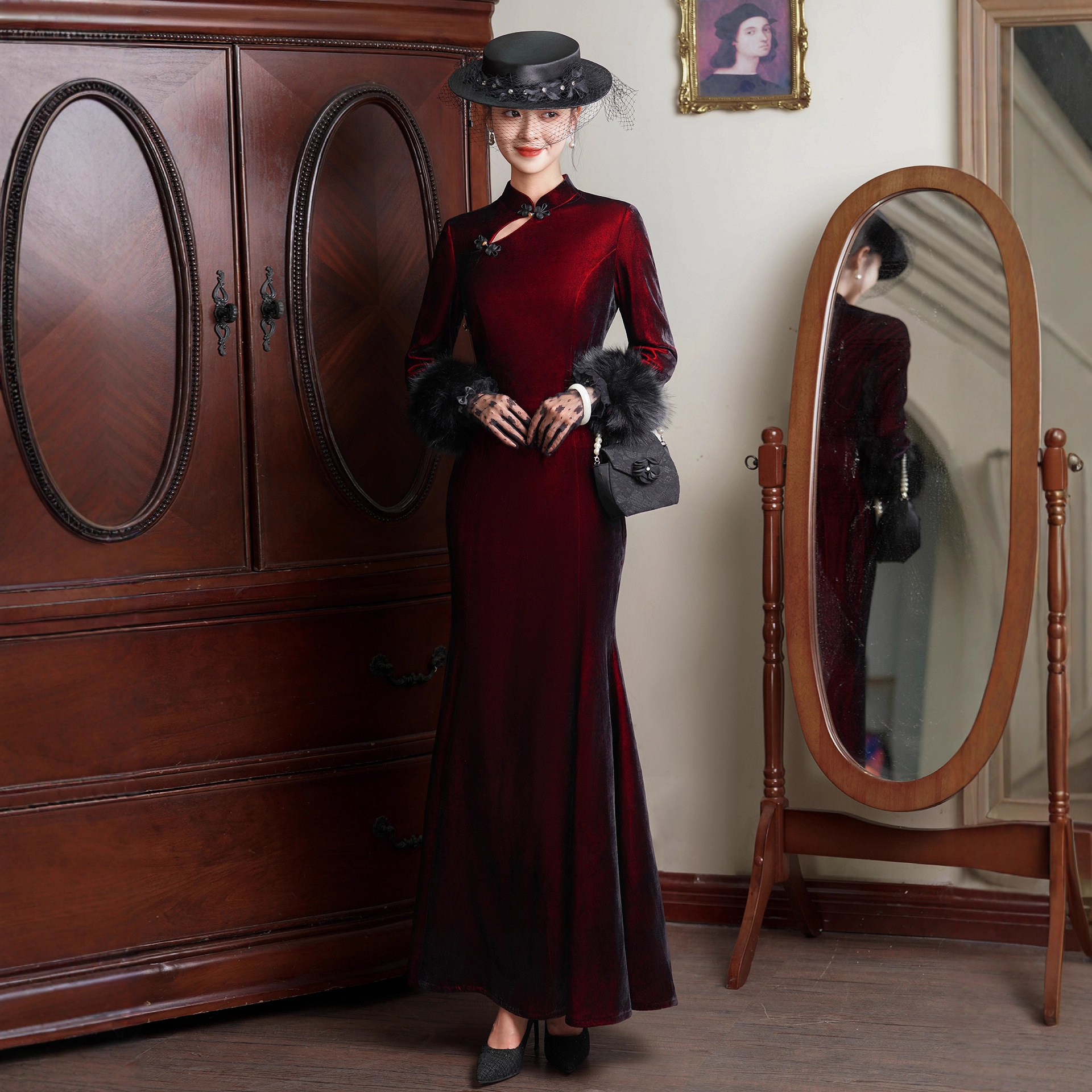 Retro Elegant Velvet Cheongsam Toast Dress Burgundy Fishtail Dress 2025 Autumn and Winter New Long-Sleeved Banquet Dress