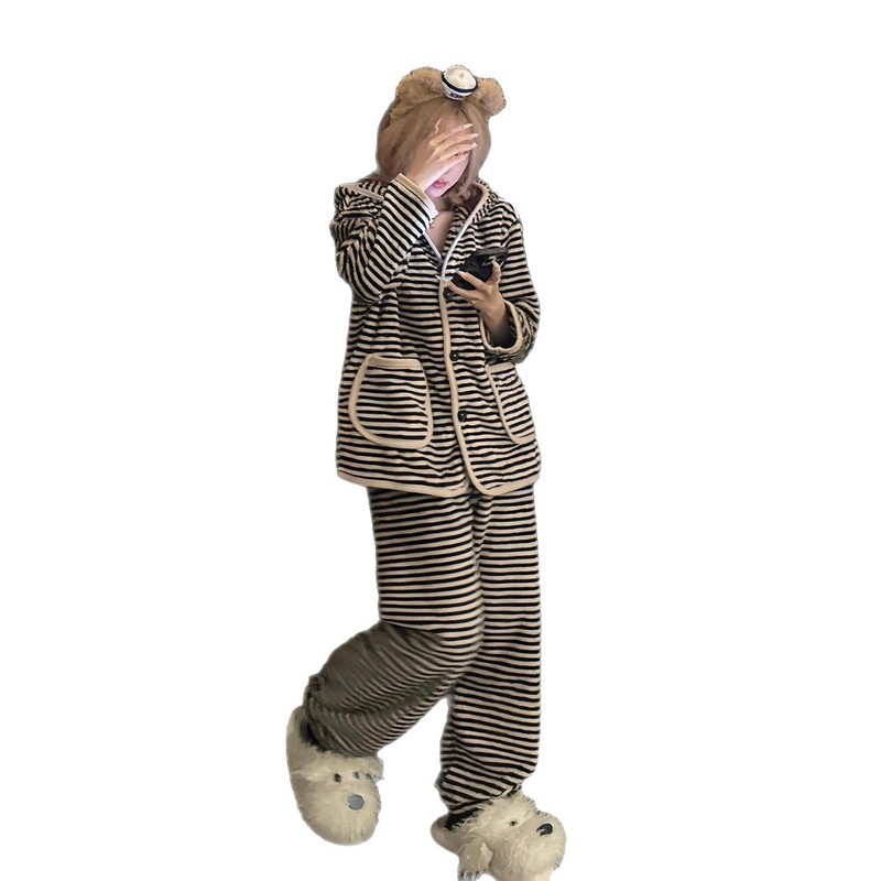 韩系条纹连帽珊瑚绒睡衣女款2025新款加绒加厚保暖毛绒家居服套装|undefined