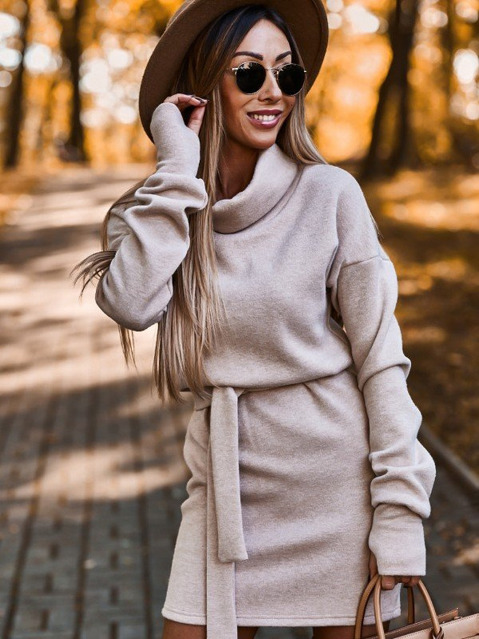 Women's Sweater Dress Fashion Turtleneck Long Sleeve Solid Color Above Knee Street display picture 4