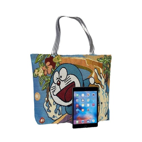 New style women's canvas hand-held shoulder bag cartoon woven rust simple large-capacity shopping bag short-distance travel large bag