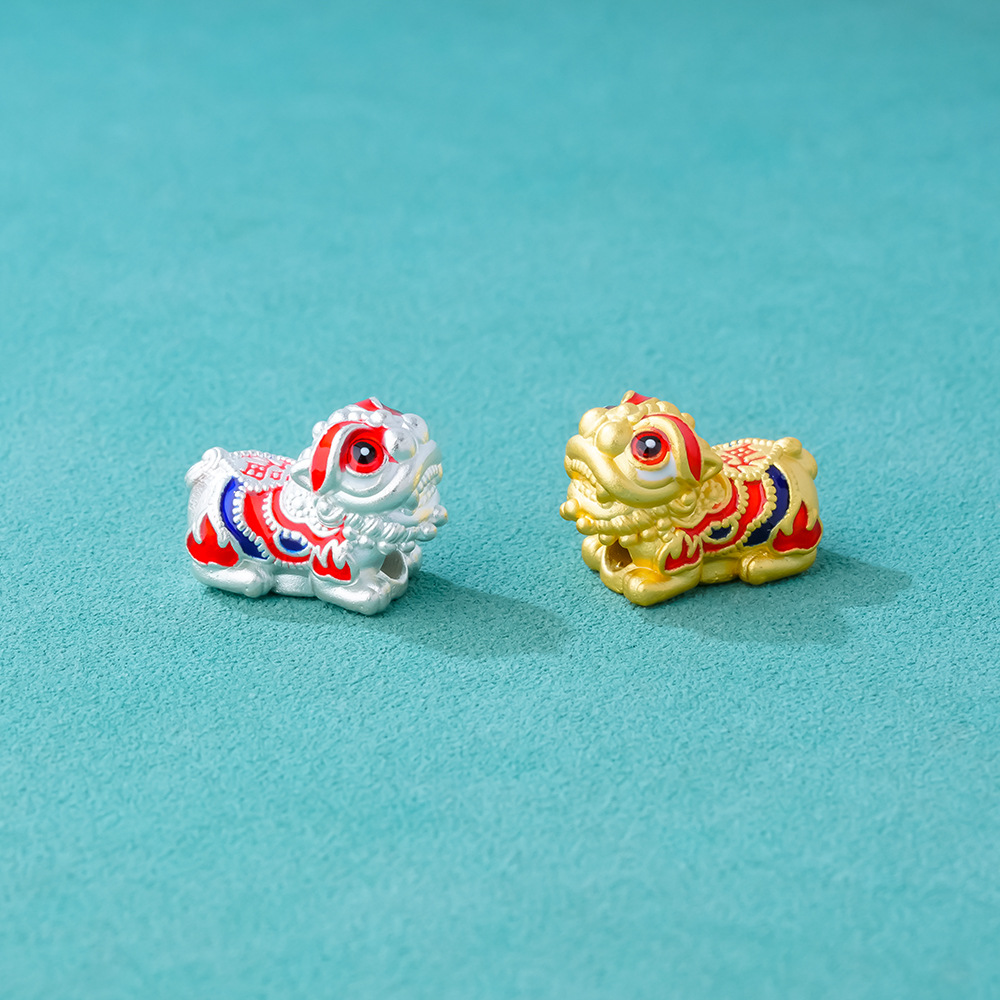 S999 Foot Silver 3D Hard Silver Lion Dance Lion Dance Transfer Beads Lucky Men's and Women's Bracelet Beads Blessing Good Luck