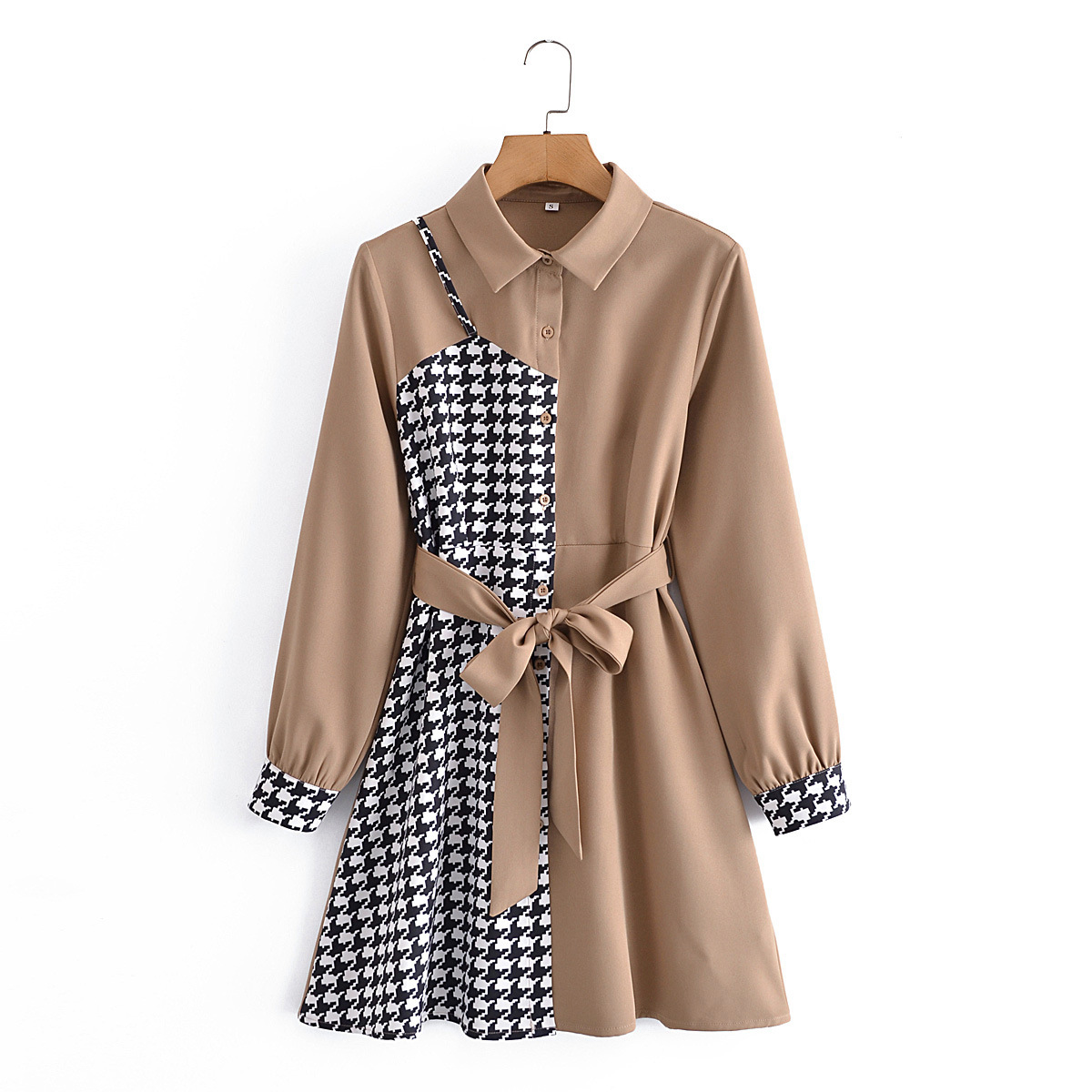 Houndstooth Stitching Lace-Up Shirt Dress NSXFL106607