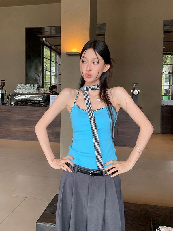 美式辣妹飘带无袖吊带背心女夏季外穿修身设计感小众短款条纹上衣|undefined
