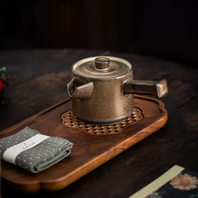 鎏金铁锈釉陶瓷侧把壶茶壶复古单壶带过滤功夫茶具新中式泡茶壶