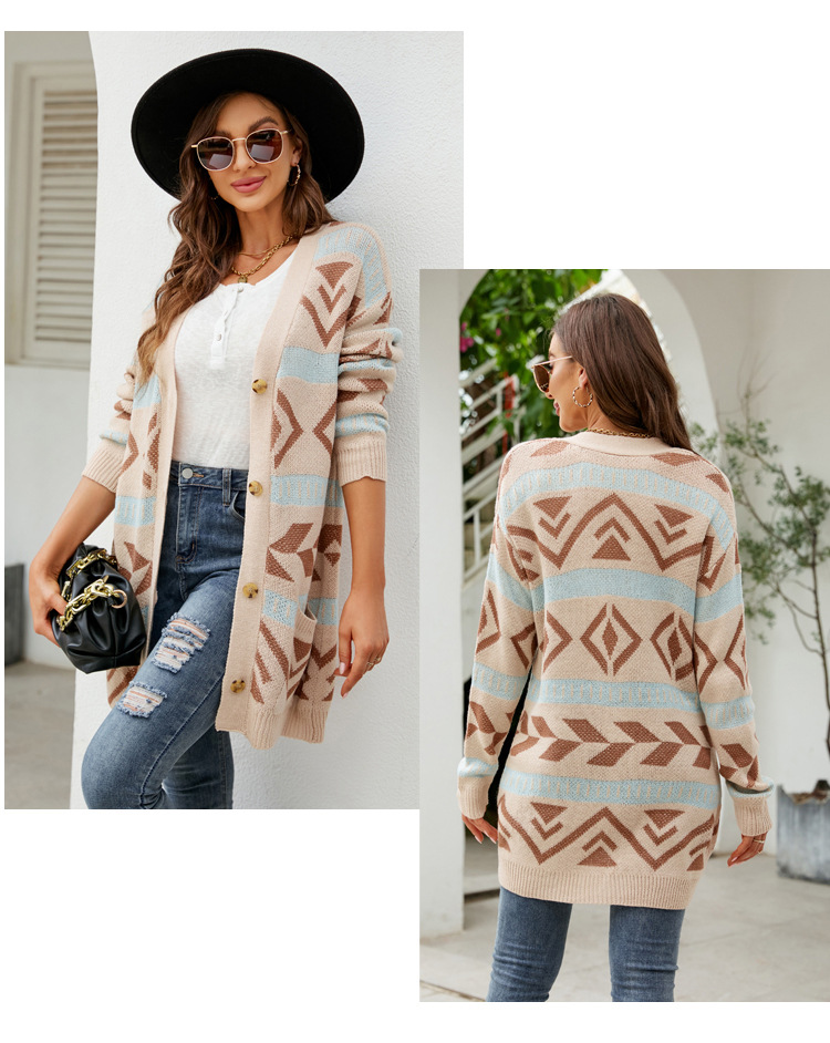 Damen Strickjacke Mit Diamantmuster Weiter Jacquard Cardigan_voghion.com