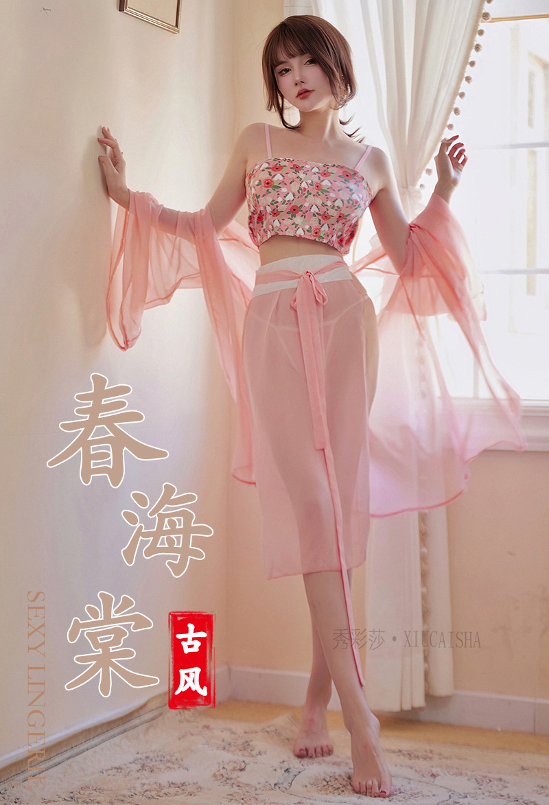 Han Dynasty Floral Bellyband Costume Set with Chiffon Robe, Slip Dress and Briefs, Plus Size — detail image 12