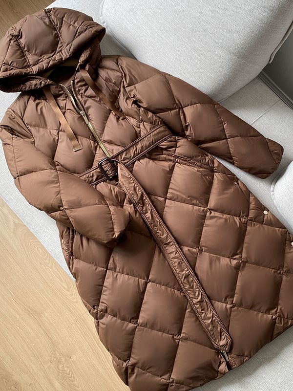 Women's Clothing Down jacket mid length hooded diamond belt high 90 white duck down loose Down Coat_voghion.com