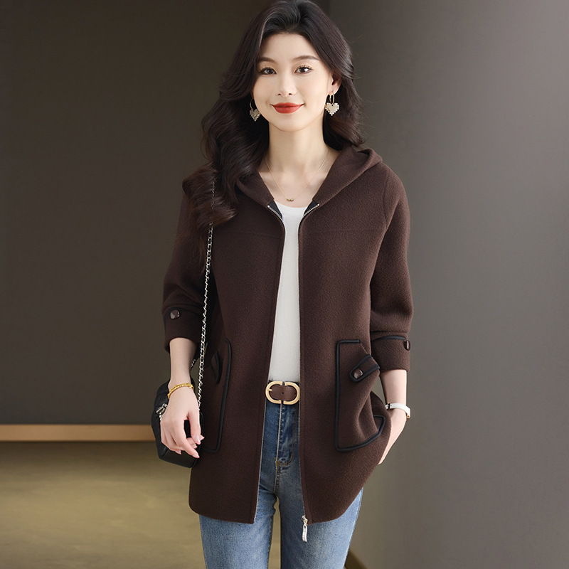 Spring and Autumn Wear 2025 New Woolen Cardigan Hooded Zipper Autumn and Winter Wear Mid-Length Tops Women's Outer Tops