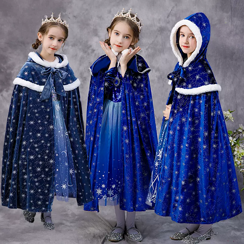 新款女童冰雪奇缘斗篷披风抗寒爱莎公主韩国绒印花披肩加绒加厚