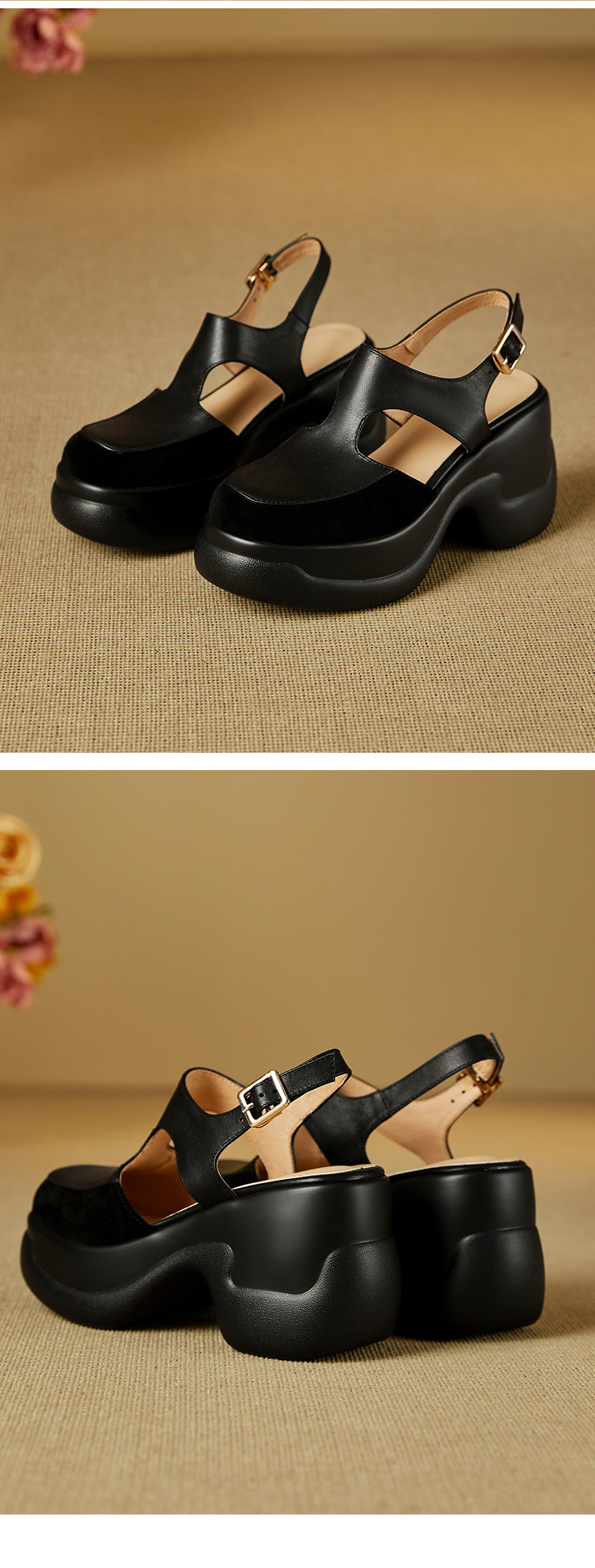 Sandal nữ da bò cao gót đế xuồng phong cách La Mã hở mũi — màu đen, màu trắng chi tiết 13