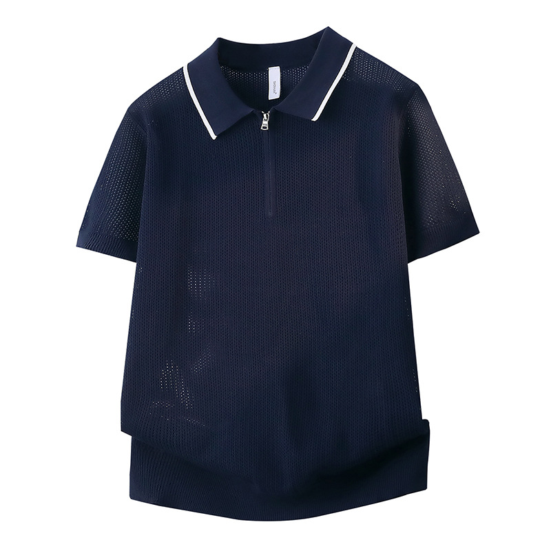 Polo camiseta de punto camiseta de manga corta hombre solapa media cremallera camiseta hueca verano viejo qianfeng fábrica de negocios transfronterizos al por mayor