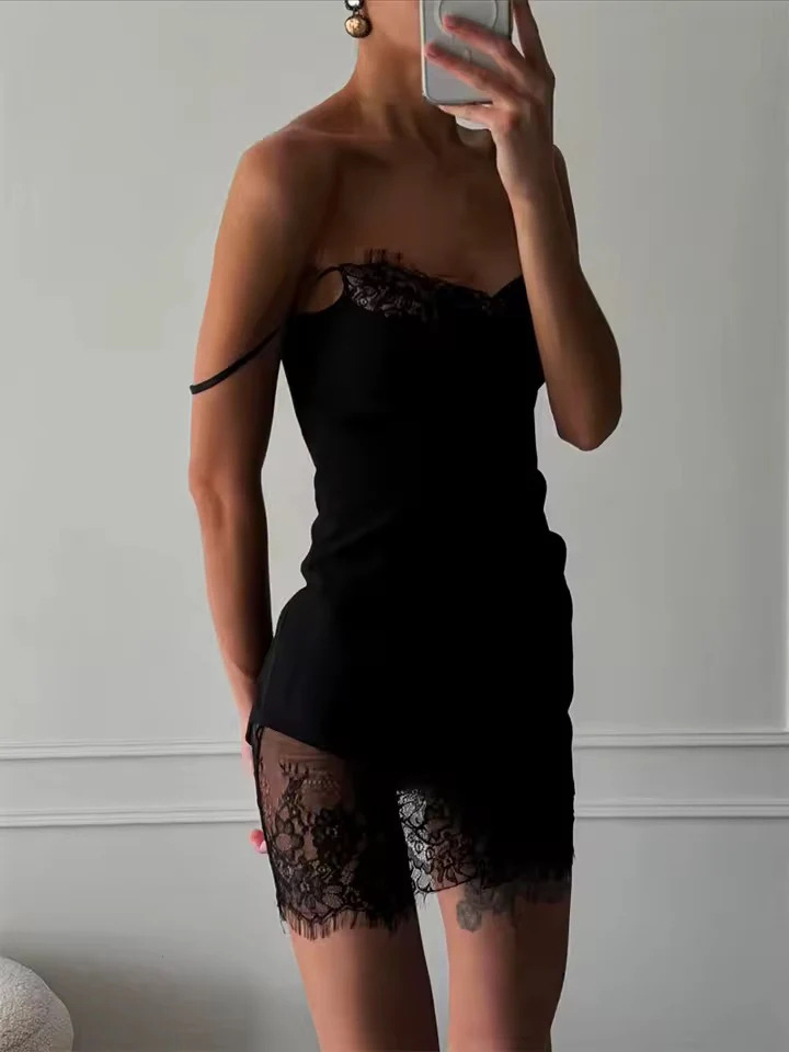 Women's Sexy Lace Trim Paneled Slim Fit Cami Mini Dress – Summer Party Club Gown_ecoleips.com