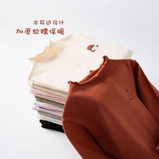 Autumn and Winter girls' bottoming shirt thickened warm half turtleneck top children's brushed cartoon lace inner baby autumn clothes
