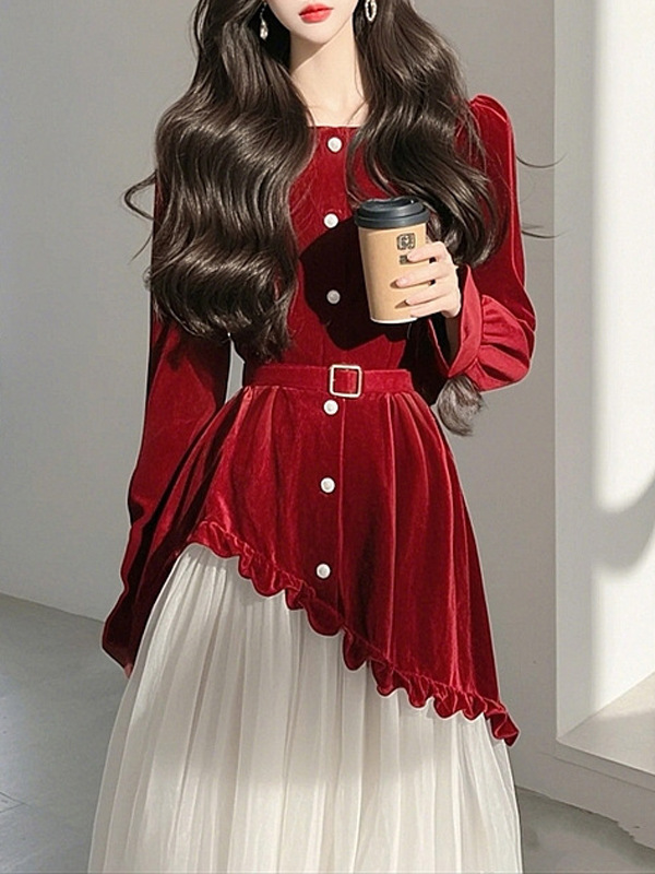 法式拼接红色丝绒连衣裙女2025早秋季女装假两件气质收腰长裙子|undefined