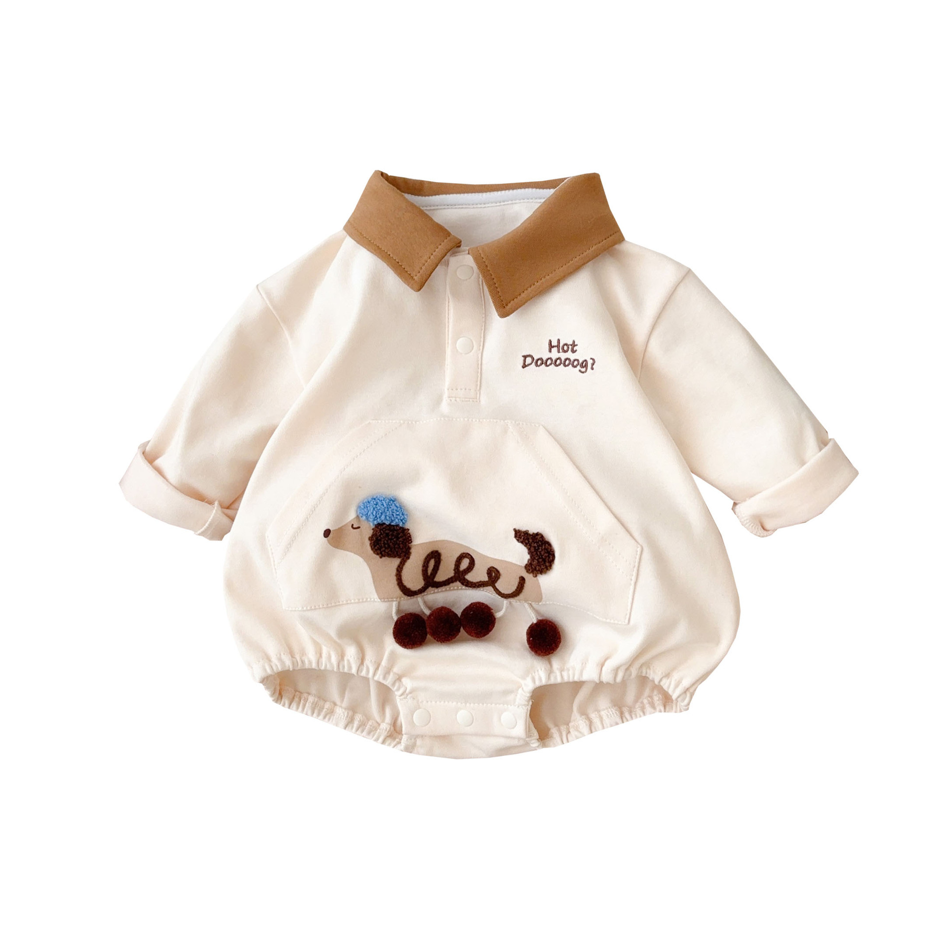 Ropa para niños coreanos de primavera 2025 estilo occidental traje de gatear para bebés solapa de bebé dibujos animados cachorro fuera traje de gatear triangular