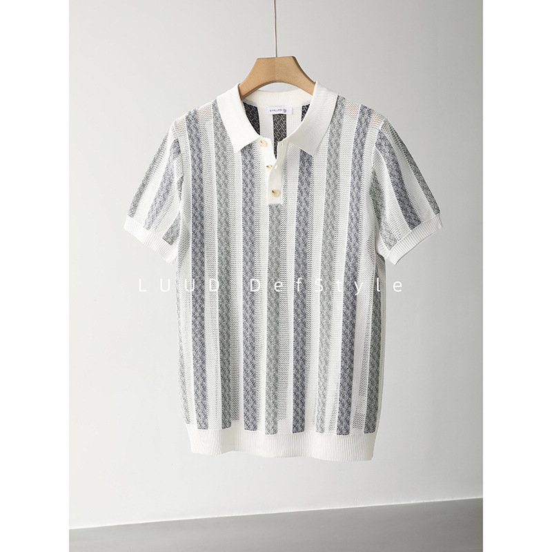 Polo camiseta de punto camiseta de manga corta camiseta de hombre solapa rayas huecas viejos vientos de alto nivel de verano fábrica transfronteriza al por mayor
