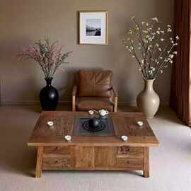 侘寂风老榆木围炉煮茶桌正方形火锅烤肉桌冬季炭火煮茶桌干泡茶台