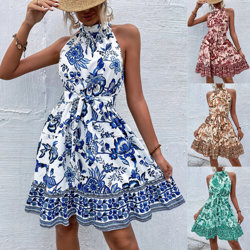 Cross-border new eBay AliExpress 2025 Amazon fashion floral neck waist sleeveless dress women Cross-border new eBay AliExpress 2025 Amazon fashion floral neck waist sleeveless dress women