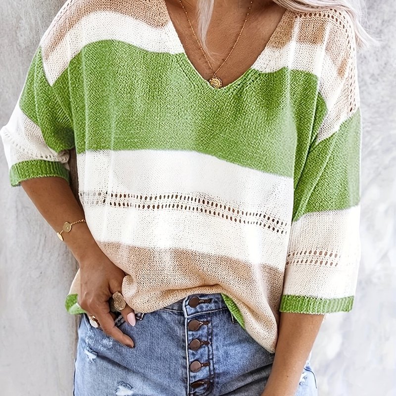 Women'S Casual V Neck Sweater Off Shoulder Striped Knit跨境|undefined