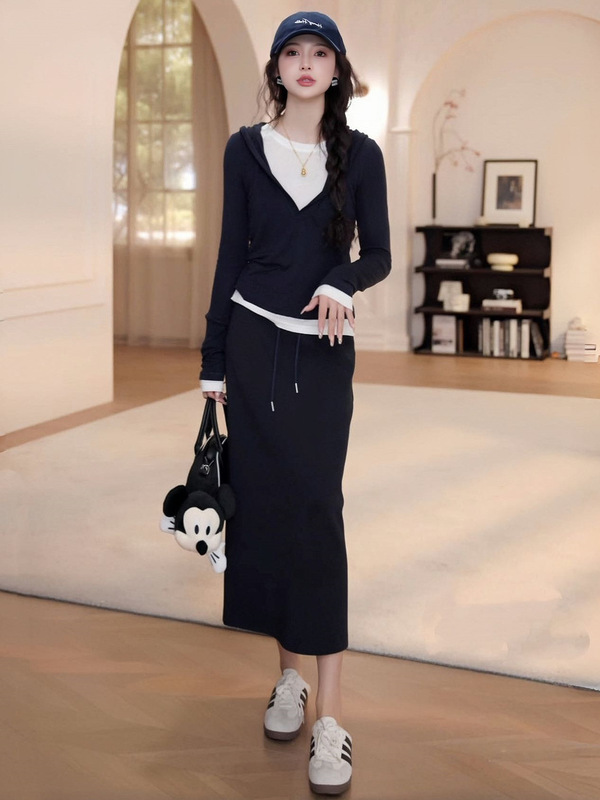 开春穿搭一整套女2025春夏爆款运动休闲假两件连帽T恤卫裙两件套|undefined
