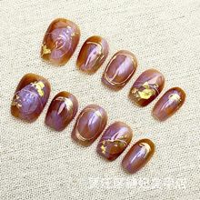 糖妃美甲 纯手工穿戴甲高端晕染金箔镶边高级魔镜粉ins风短芭蕾