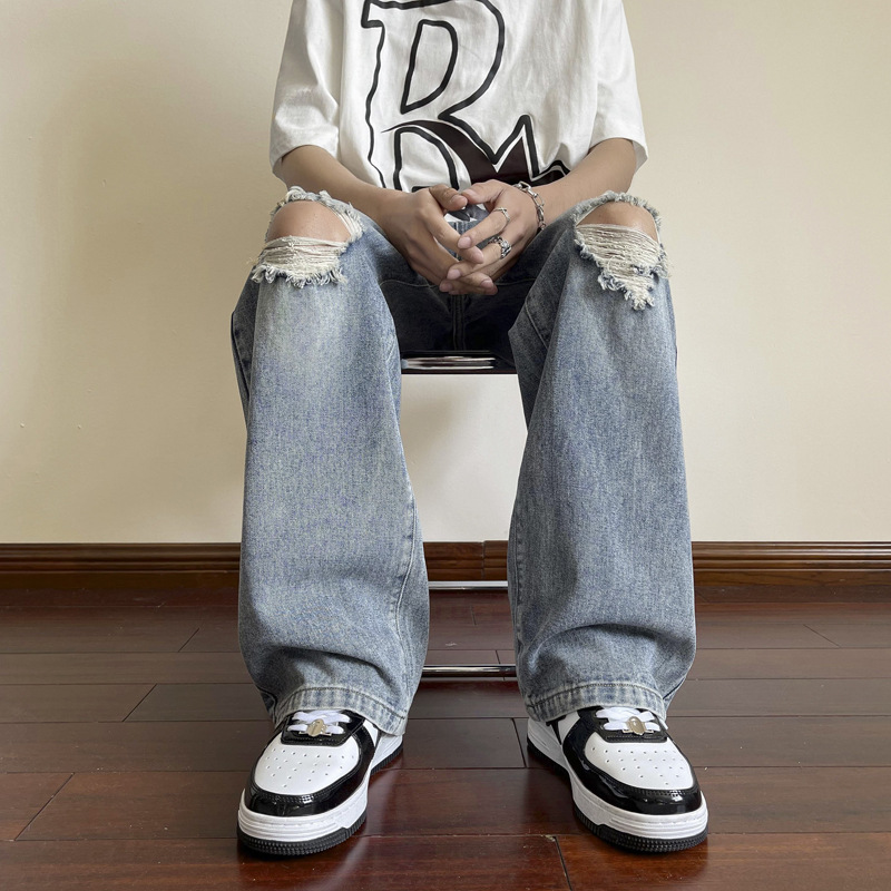 Ripped Jeans Men's Summer American Style Retro Fashion Brand Straight Leg Wide Leg Pants High Street Puppies Handsome Casual Pants
