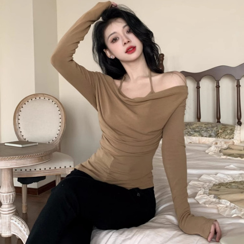Sexy Pure Desire Half-Sleeve T-Shirt with V-Neck for Women, Autumn Slimming Hot Girl and Mature Lady Swing Collar Base Shirt Top for Women