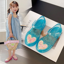 欧美跨境女童凉鞋幻彩爱心小女孩公主鞋宝宝包头水晶鞋儿童平底鞋