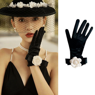 Black Evening Dress Gloves Bride Bow Wedding Dress Popular Travel Photo Props Photo French Retro Hepburn Style