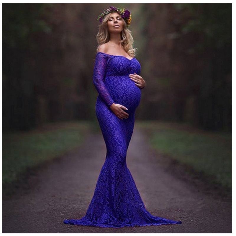European and American Clothing Lace Maternity One-Line Collar Dress Long Dress Photography Long-Sleeved Dress Factory Wholesale